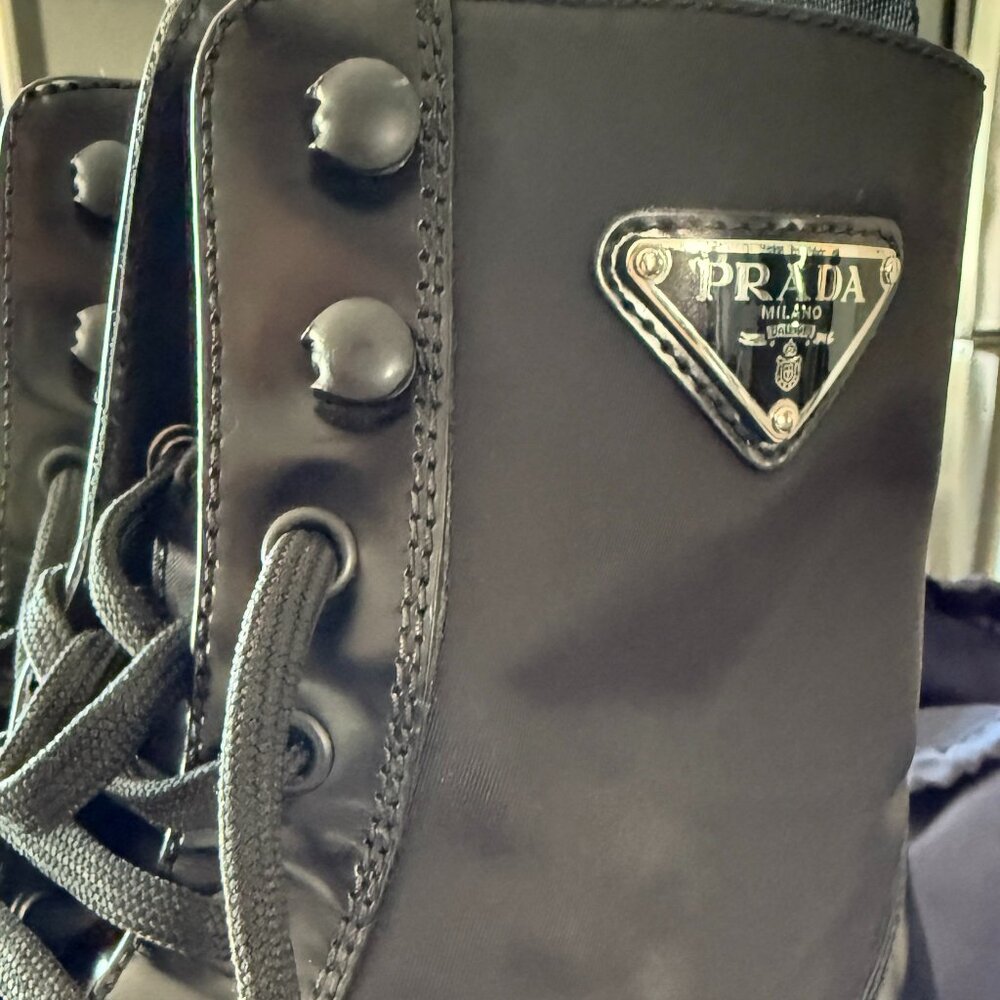 PRADA Women’s Leather & Re-Nylon Logo Combat Boots Blue 40 / 9 or 9.5
